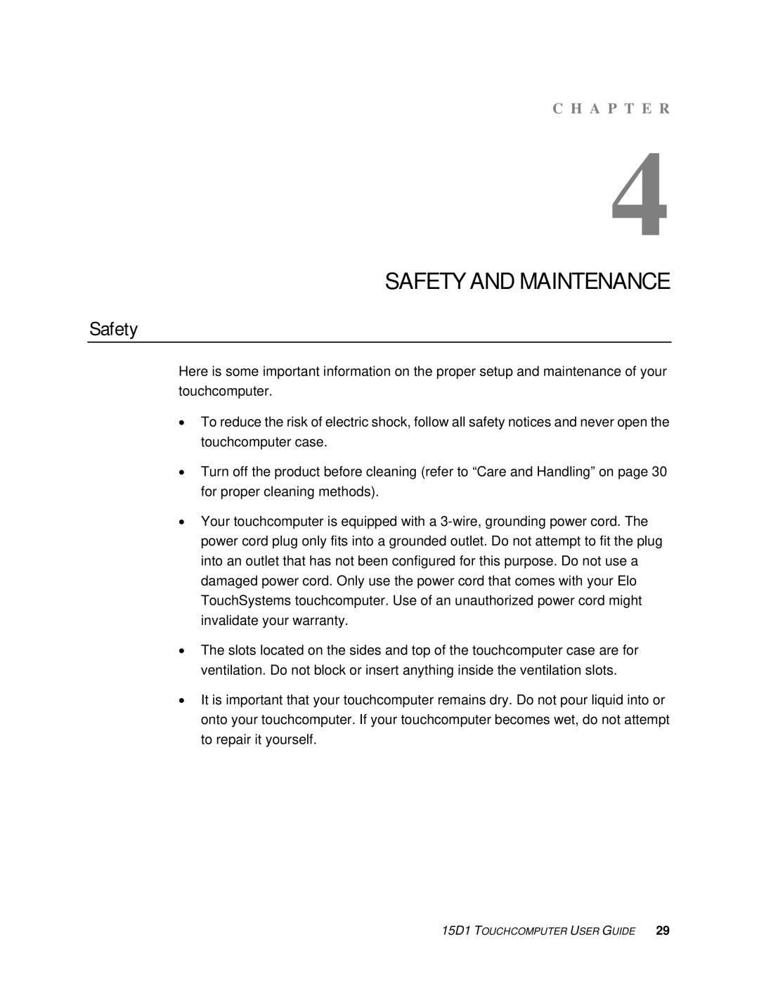 Elo TouchSystems 15D1 manual Safety and Maintenance 