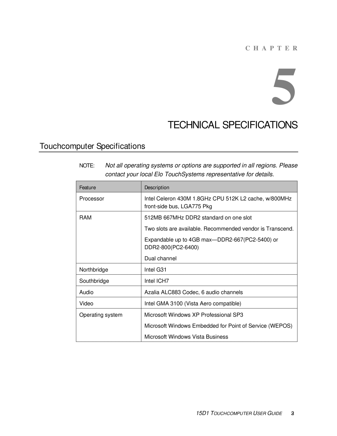 Elo TouchSystems 15D1 manual Technical Specifications, Touchcomputer Specifications 