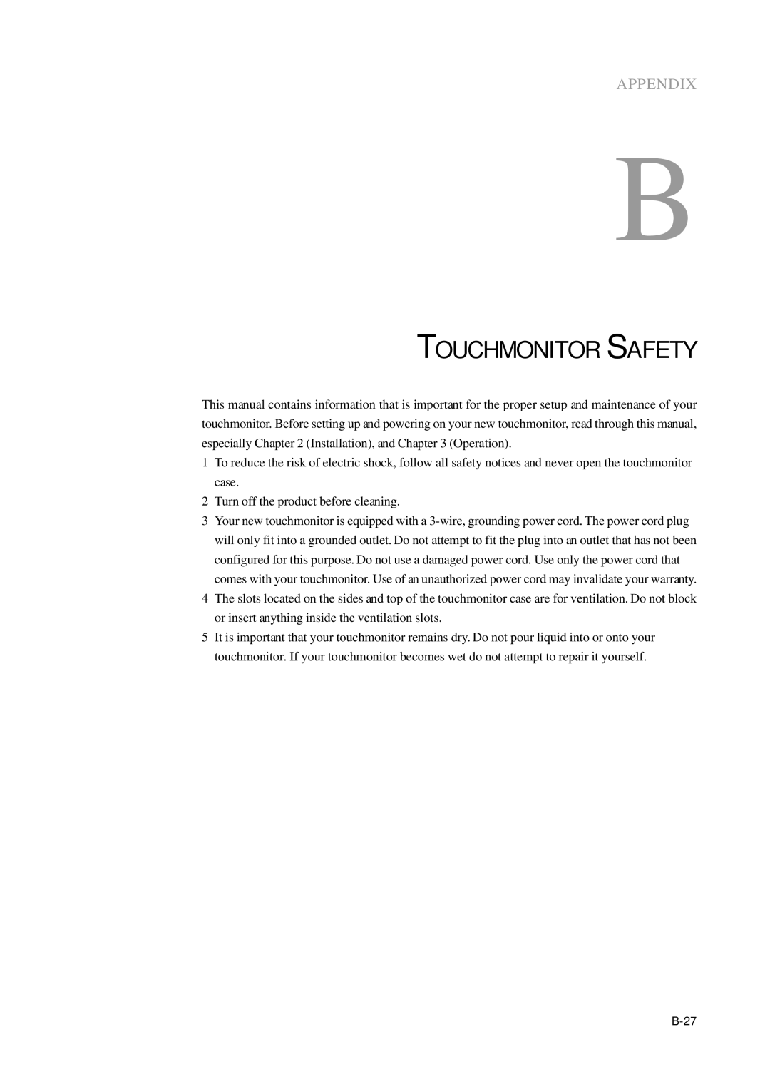 Elo TouchSystems 1715L manual Touchmonitor Safety 