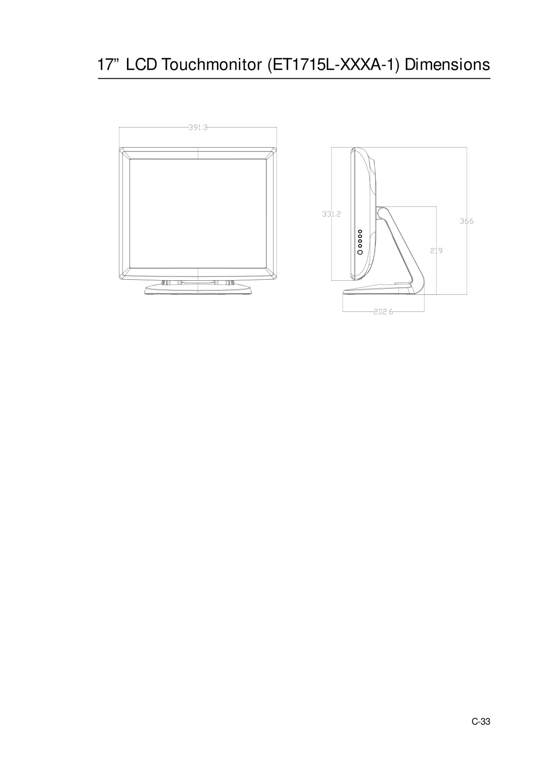 Elo TouchSystems manual LCD Touchmonitor ET1715L-XXXA-1 Dimensions 