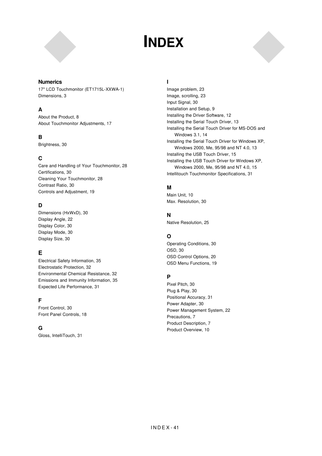 Elo TouchSystems 1715L manual Index 