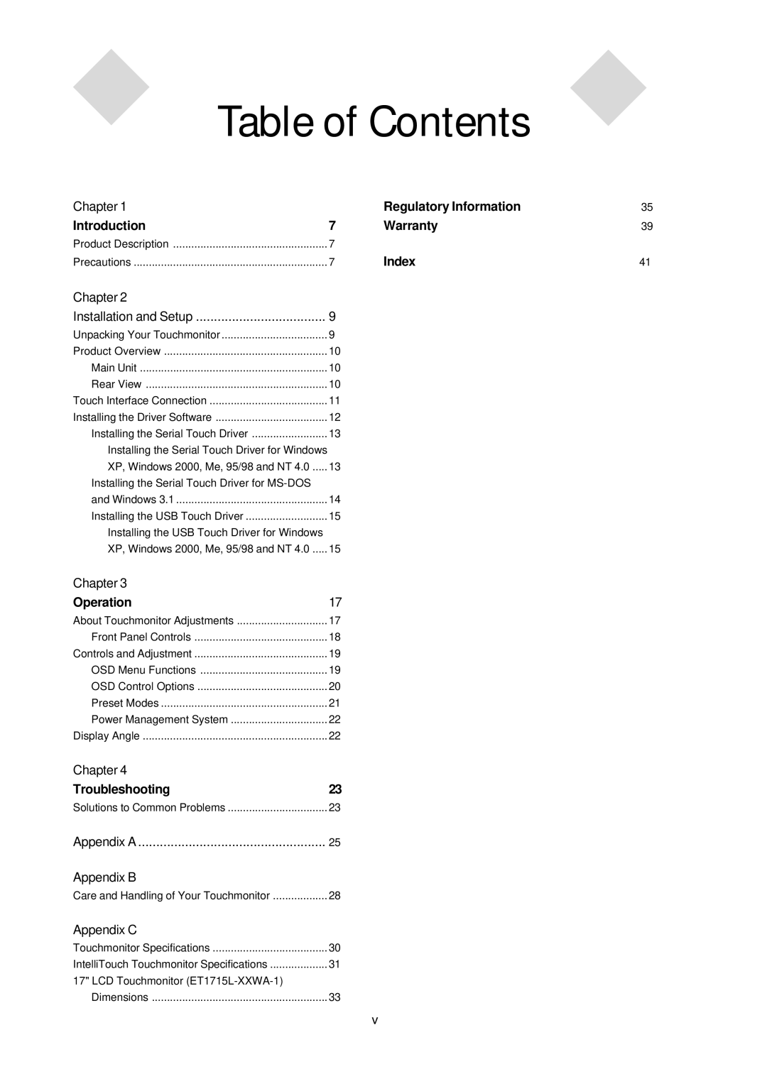 Elo TouchSystems 1715L manual Table of Contents 