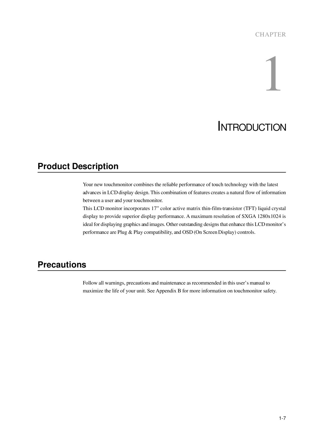 Elo TouchSystems 1715L manual Introduction, Product Description, Precautions 