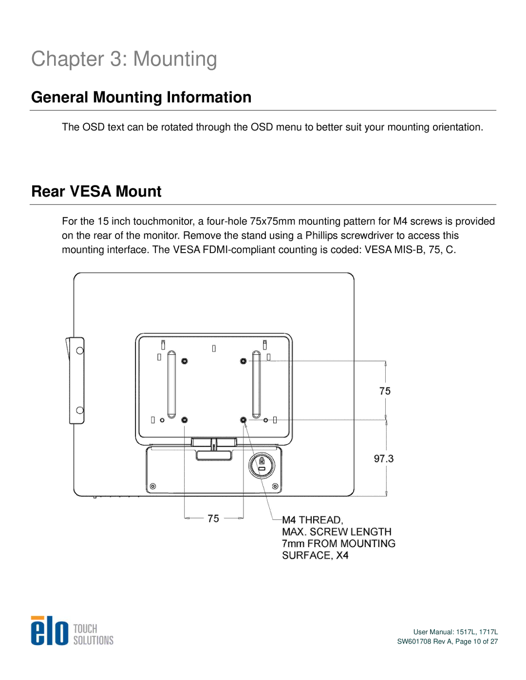 Elo TouchSystems 1717L, 1517L user manual General Mounting Information, Rear Vesa Mount 