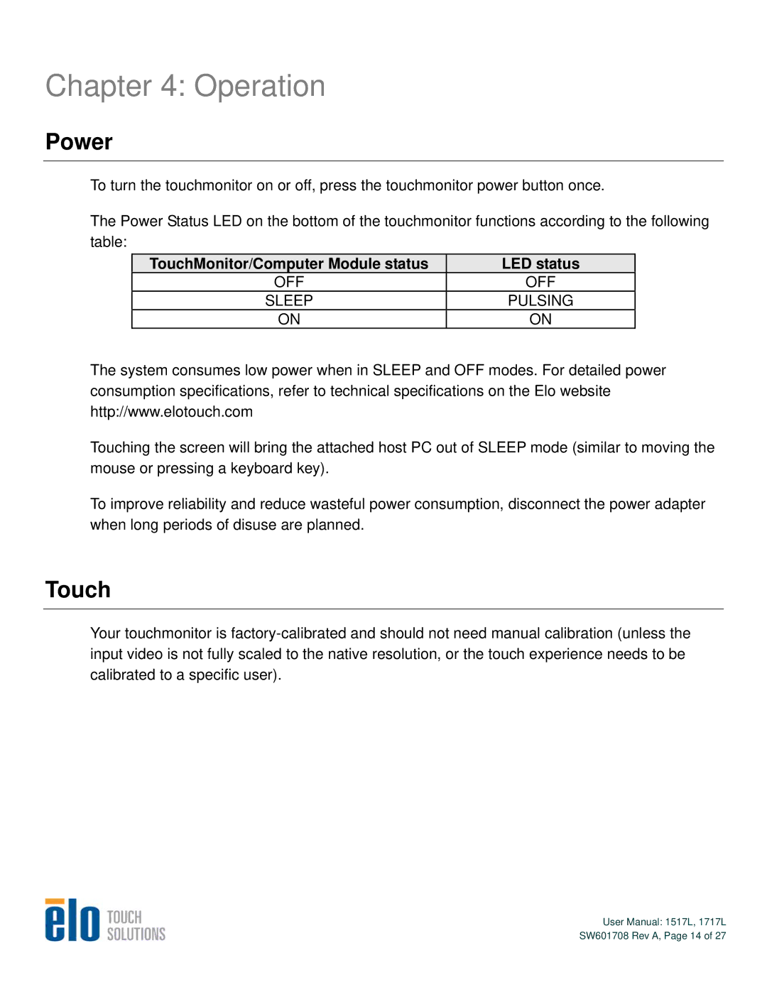 Elo TouchSystems 1717L, 1517L user manual Operation, Power, Touch 