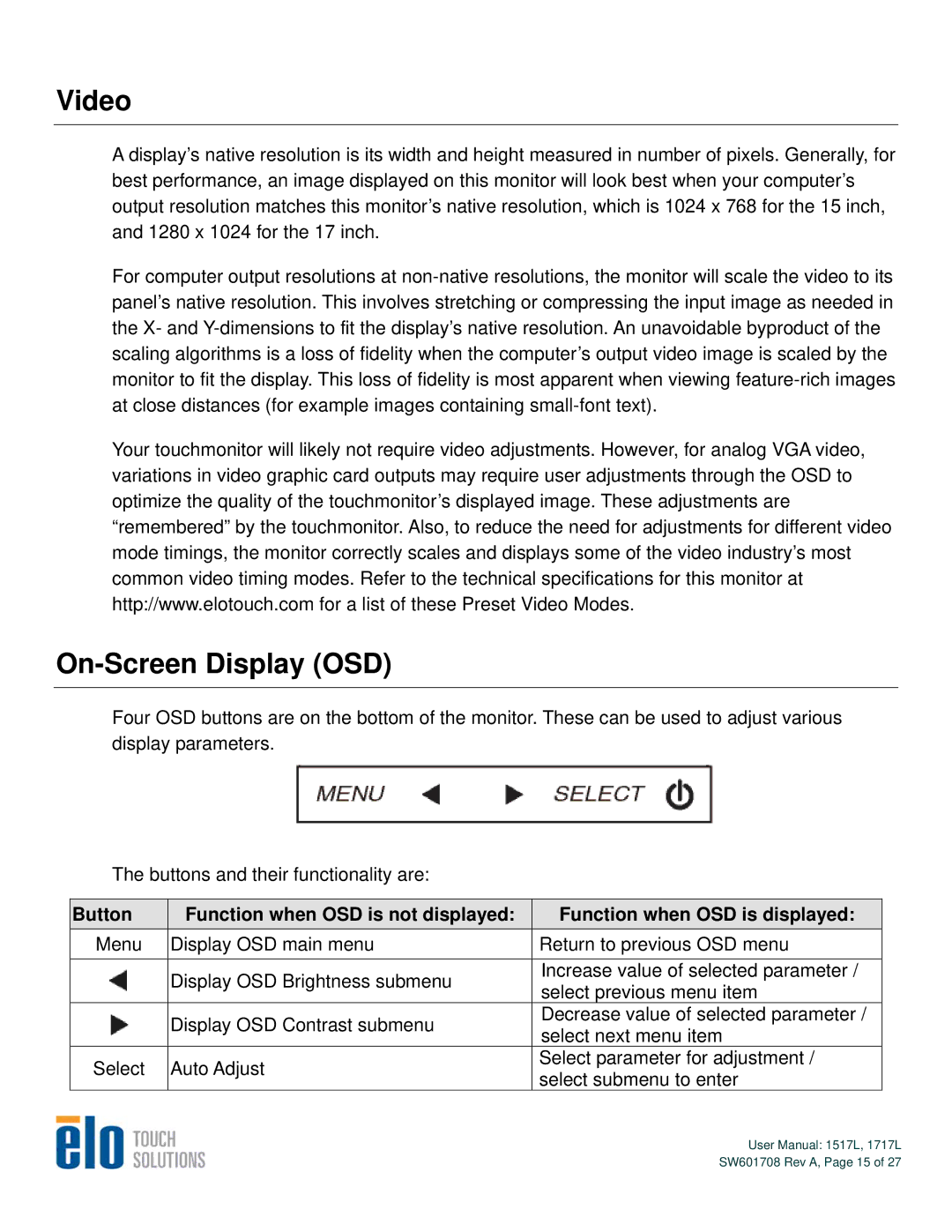 Elo TouchSystems 1517L, 1717L user manual Video, On-Screen Display OSD 