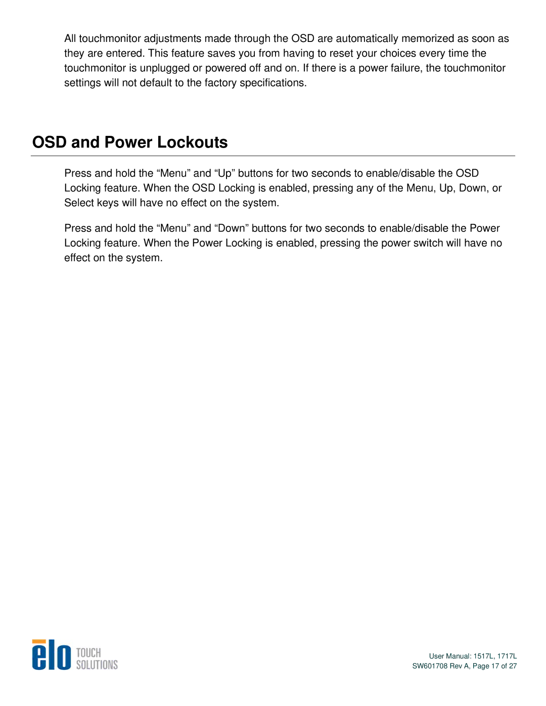 Elo TouchSystems 1517L, 1717L user manual OSD and Power Lockouts 