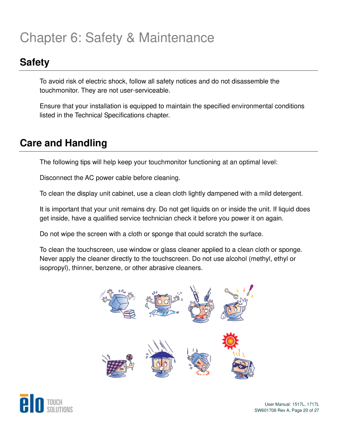 Elo TouchSystems 1717L, 1517L user manual Safety & Maintenance, Care and Handling 