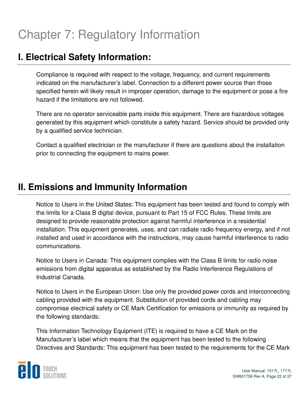 Elo TouchSystems 1717L Regulatory Information, Electrical Safety Information, II. Emissions and Immunity Information 