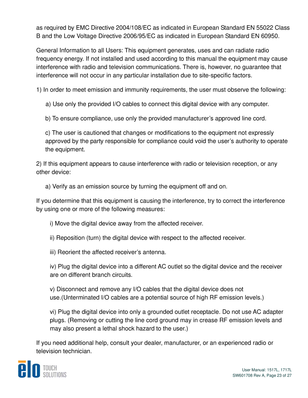 Elo TouchSystems 1517L, 1717L user manual SW601708 Rev A, Page 23 