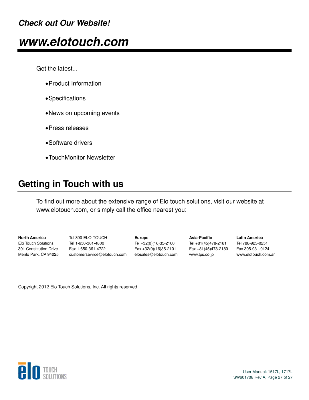 Elo TouchSystems 1517L, 1717L user manual Getting in Touch with us, Check out Our Website 