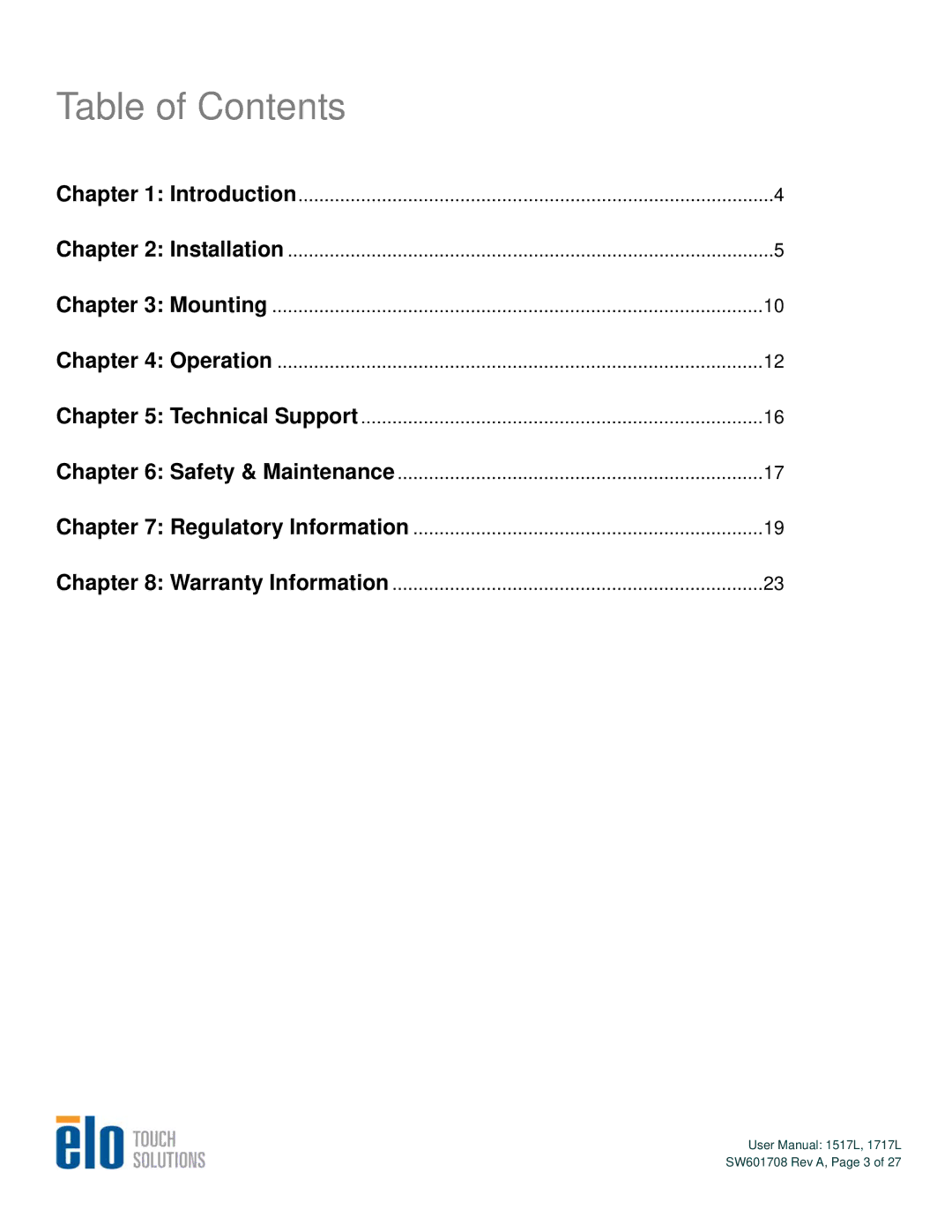 Elo TouchSystems 1517L, 1717L user manual Table of Contents 