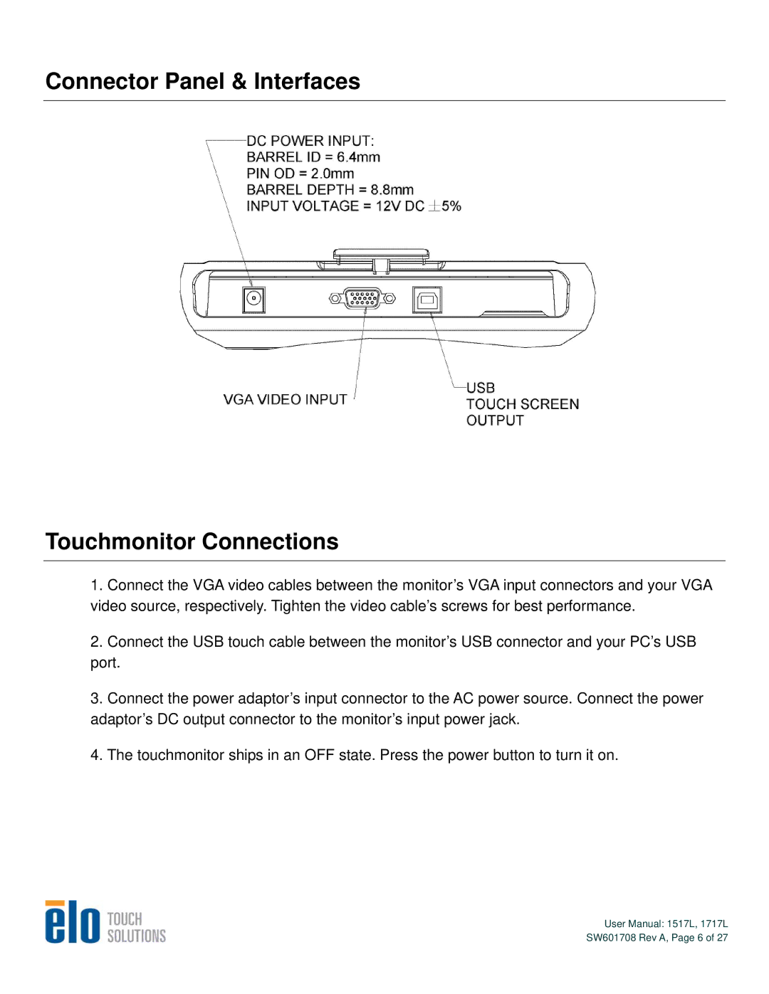 Elo TouchSystems 1717L, 1517L user manual Connector Panel & Interfaces Touchmonitor Connections 