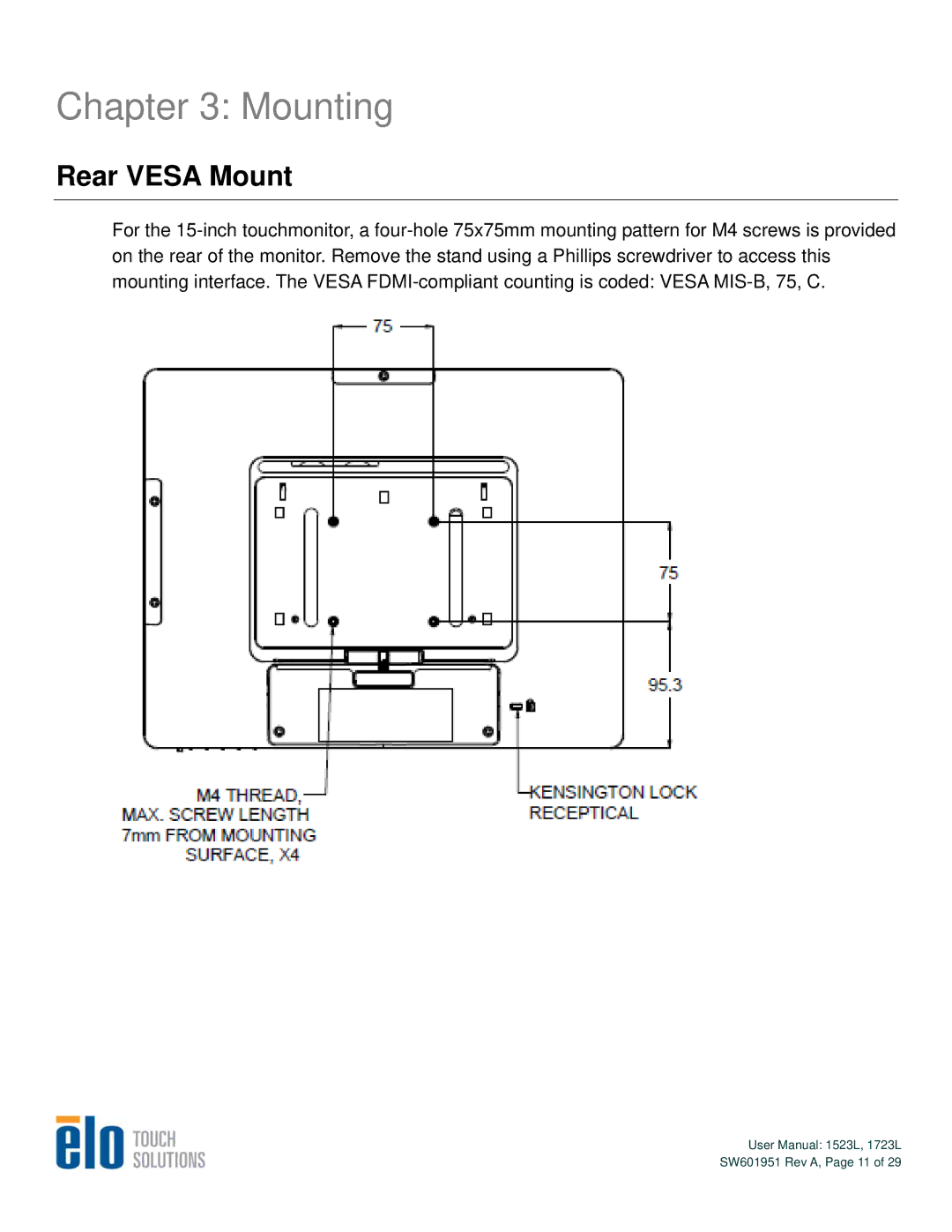 Elo TouchSystems 1523L, 1723L user manual Mounting, Rear Vesa Mount 