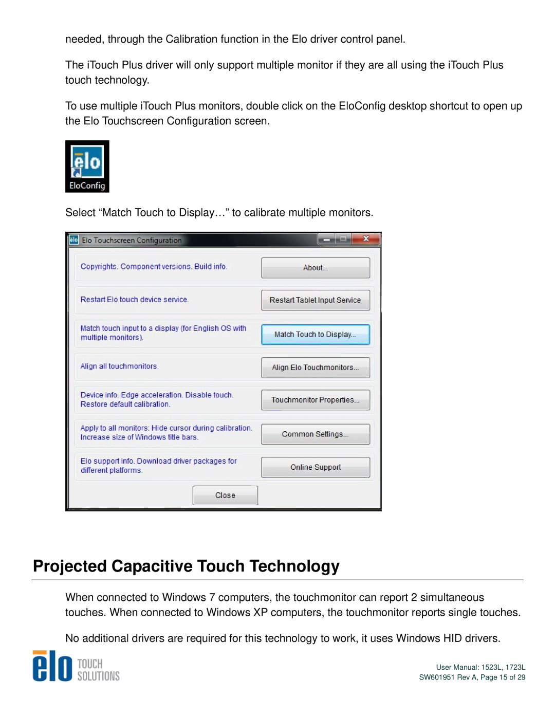 Elo TouchSystems 1523L, 1723L user manual Projected Capacitive Touch Technology 