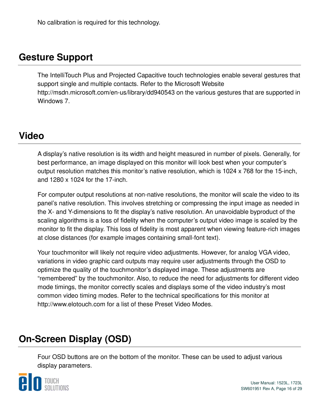 Elo TouchSystems 1723L, 1523L user manual Gesture Support Video, On-Screen Display OSD 