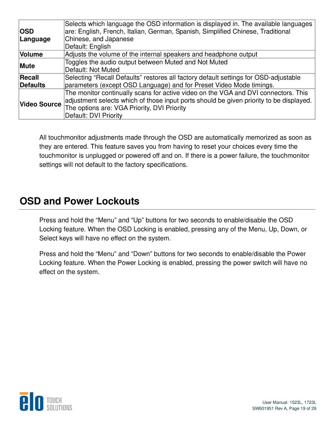 Elo TouchSystems 1523L, 1723L user manual OSD and Power Lockouts, Osd 