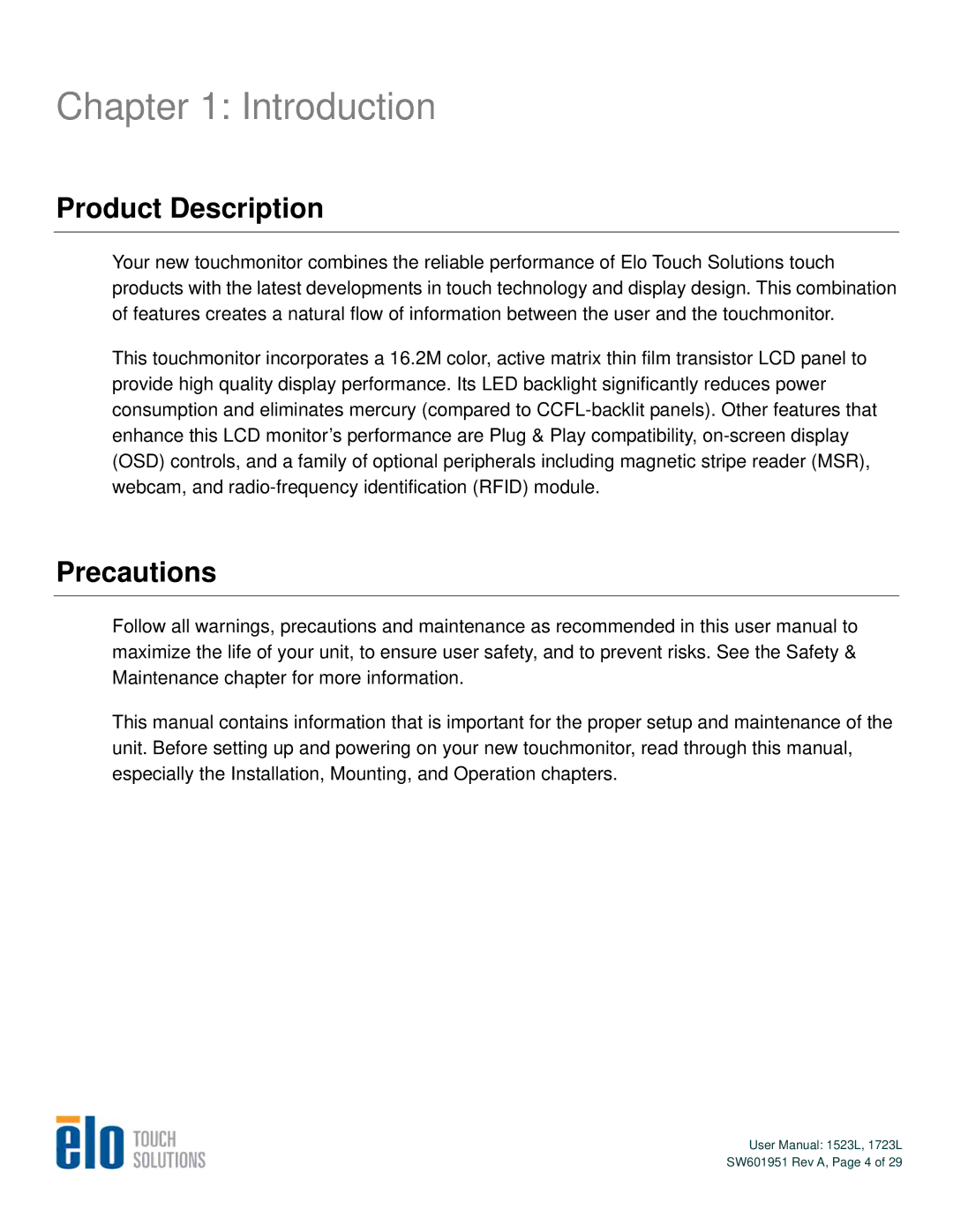 Elo TouchSystems 1723L, 1523L user manual Introduction, Product Description, Precautions 