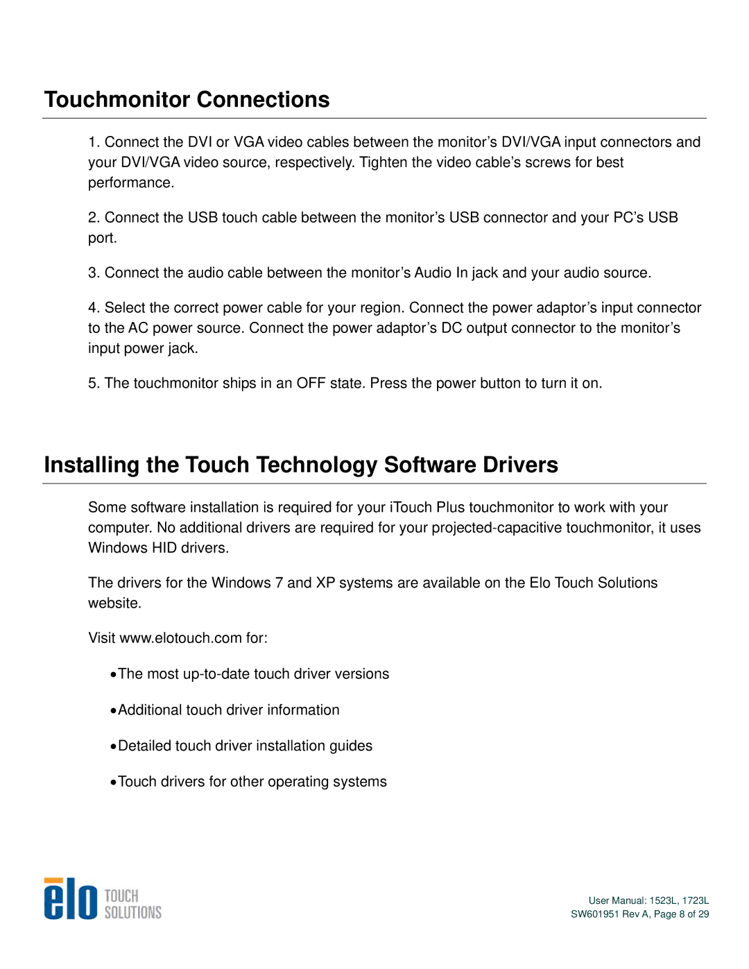 Elo TouchSystems 1723L, 1523L user manual Touchmonitor Connections, Installing the Touch Technology Software Drivers 