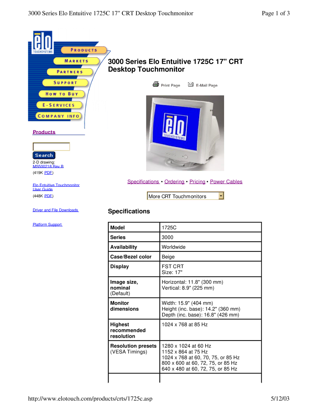 Elo TouchSystems 1725C specifications Specifications 