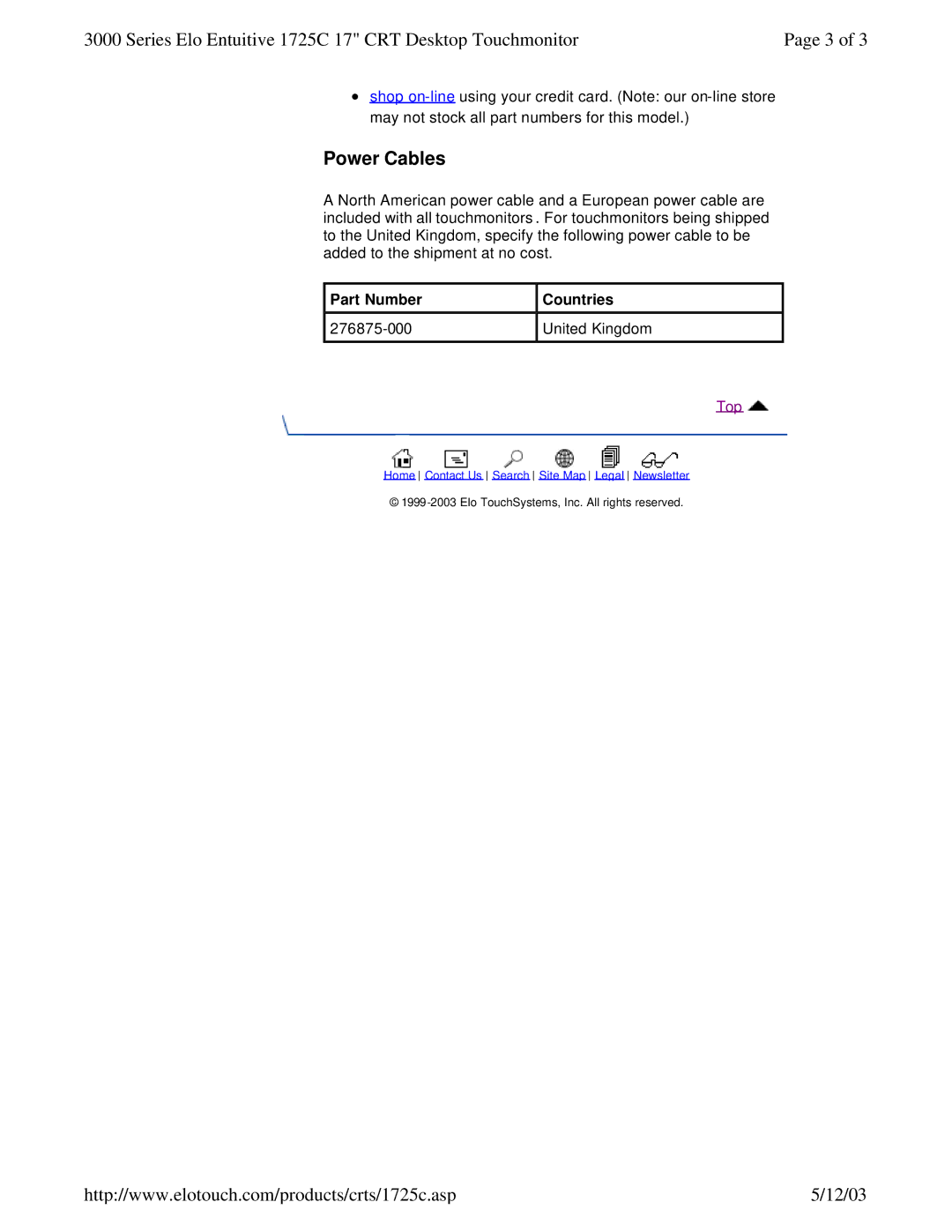 Elo TouchSystems 1725C specifications Power Cables, Part Number Countries 276875-000 United Kingdom, Top 