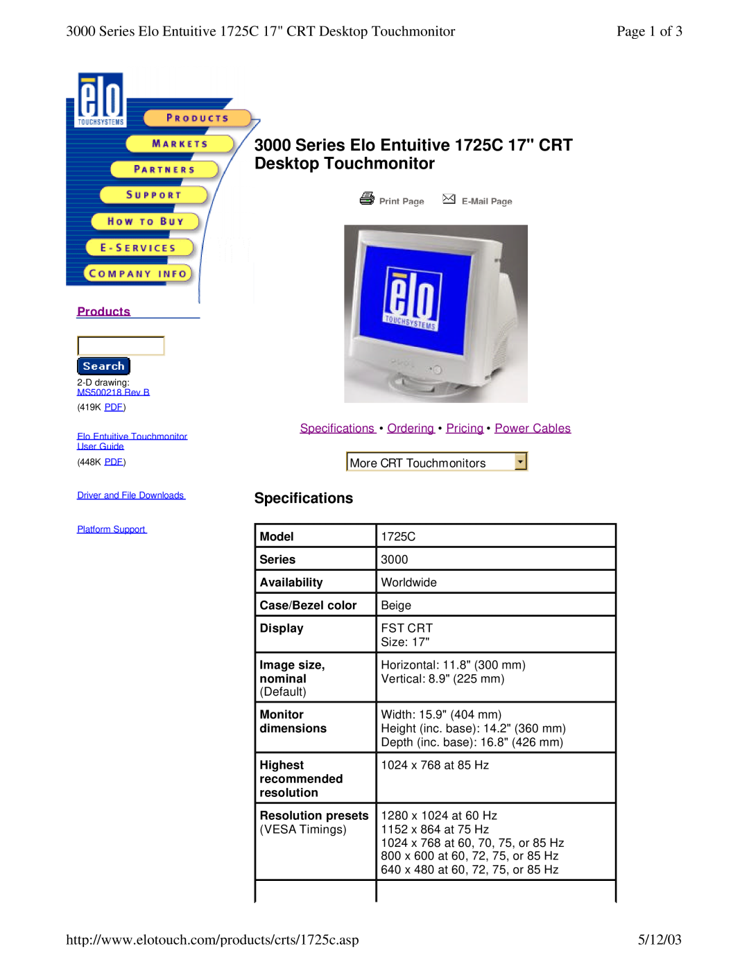 Elo TouchSystems specifications Series Elo Entuitive 1725C 17 CRT Desktop Touchmonitor, Page 1 of, Specifications 