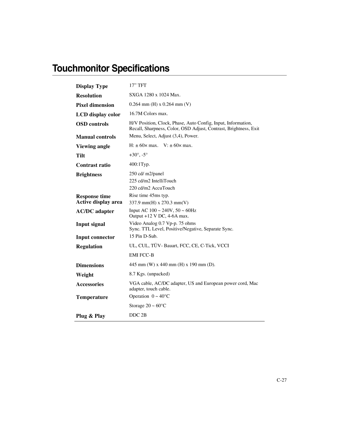 Elo TouchSystems 1725L Series manual Touchmonitor Specifications, Emi Fcc-B 