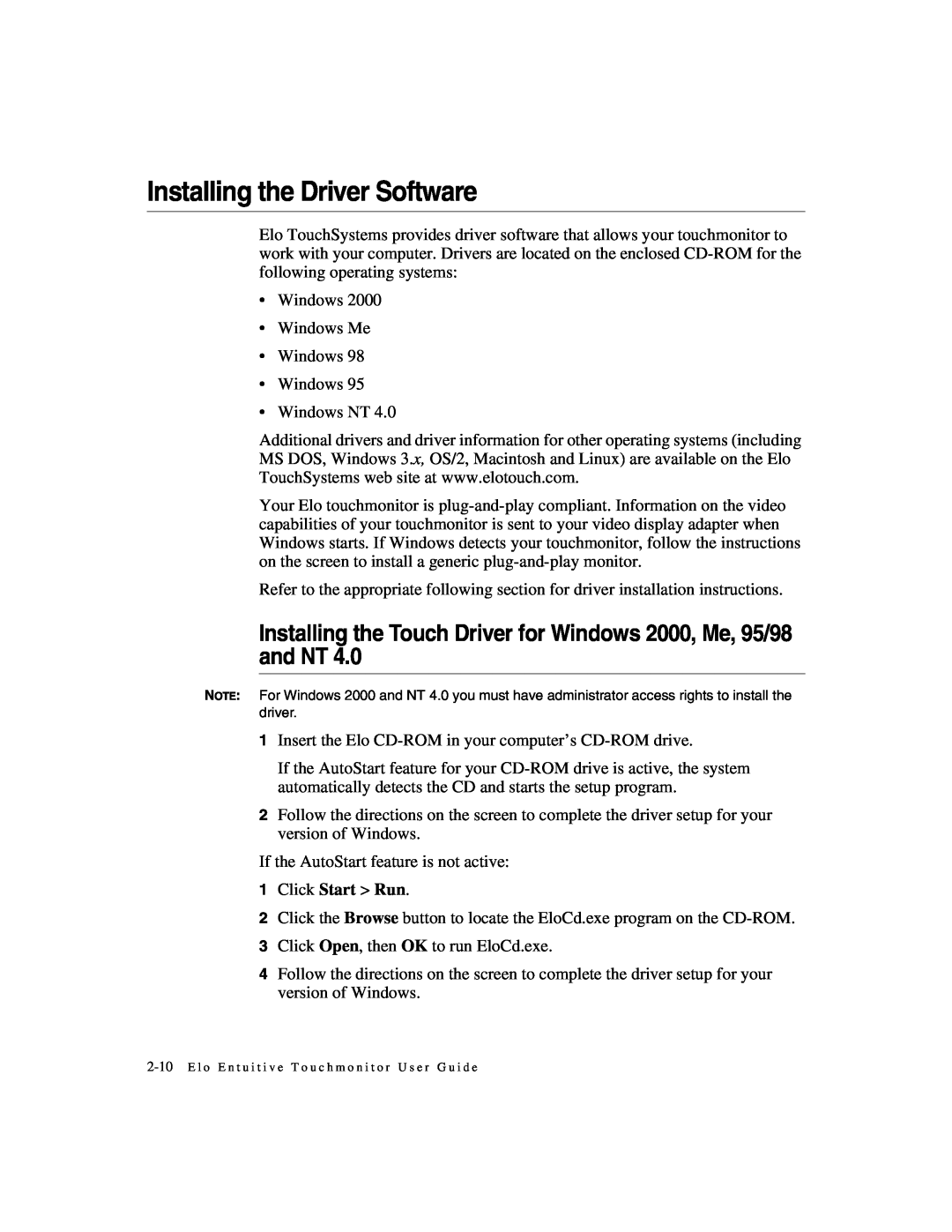 Elo TouchSystems 1725L Series manual Installing the Driver Software 