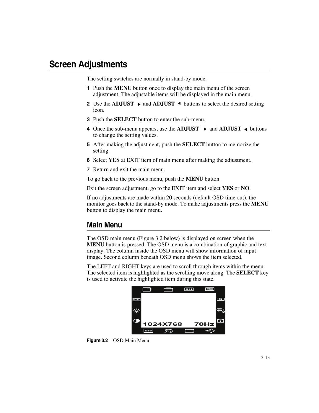 Elo TouchSystems 1725L Series manual Screen Adjustments, Main Menu 