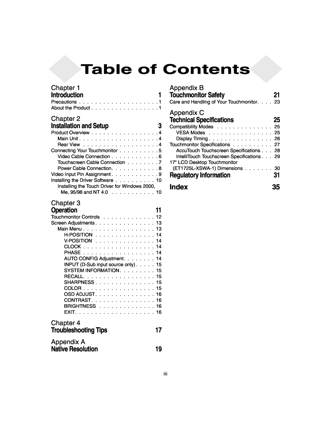Elo TouchSystems 1725L Series Chapter, Appendix B, Appendix A, Table of Contents, Introduction, Touchmonitor Safety, Index 