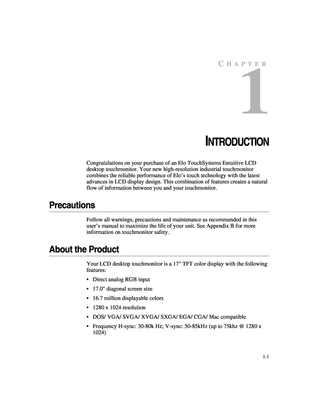 Elo TouchSystems 1725L Series manual Precautions, About the Product, C H A P T E R, Introduction 
