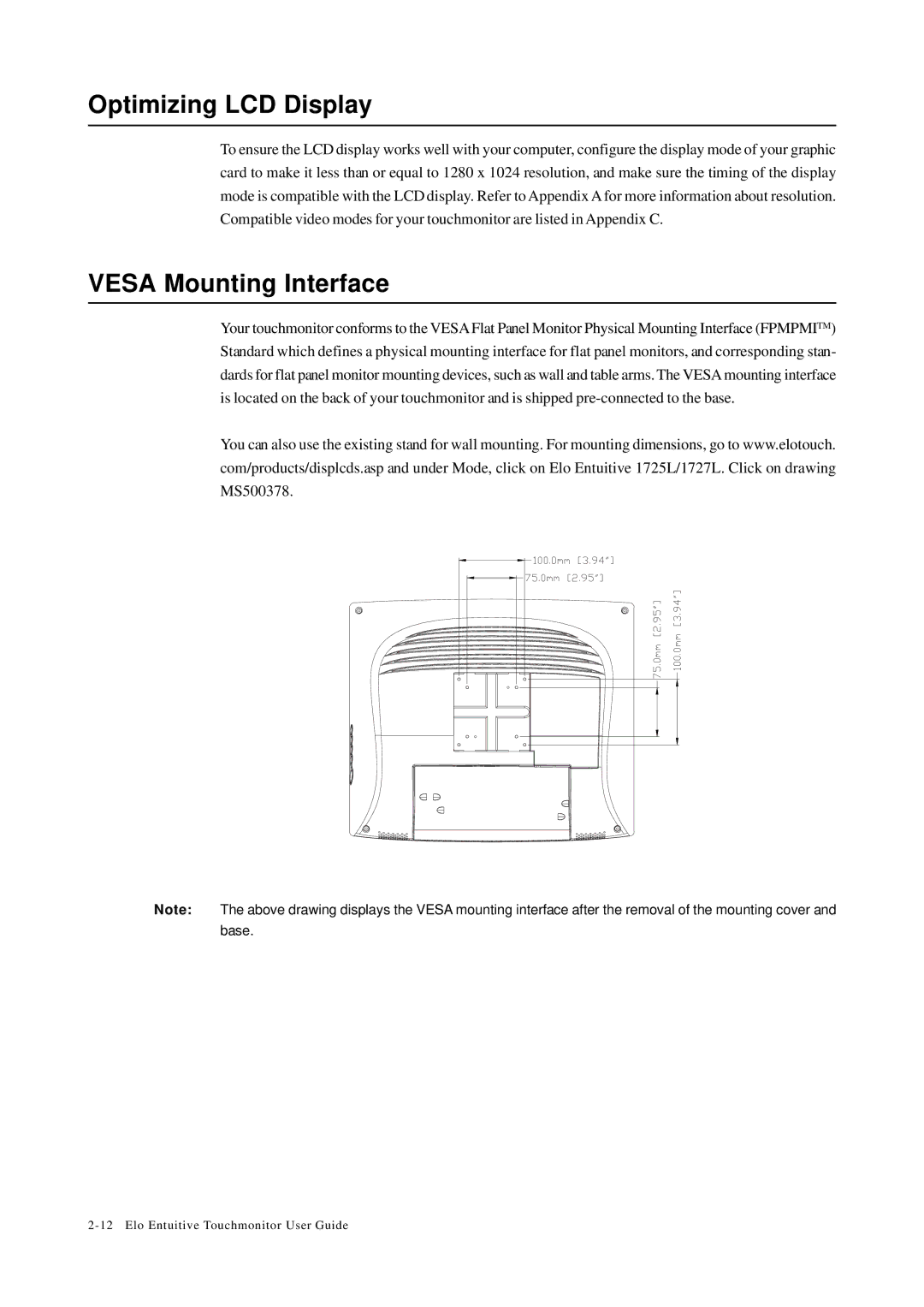 Elo TouchSystems 1727L, 1725L manual Optimizing LCD Display, Vesa Mounting Interface 