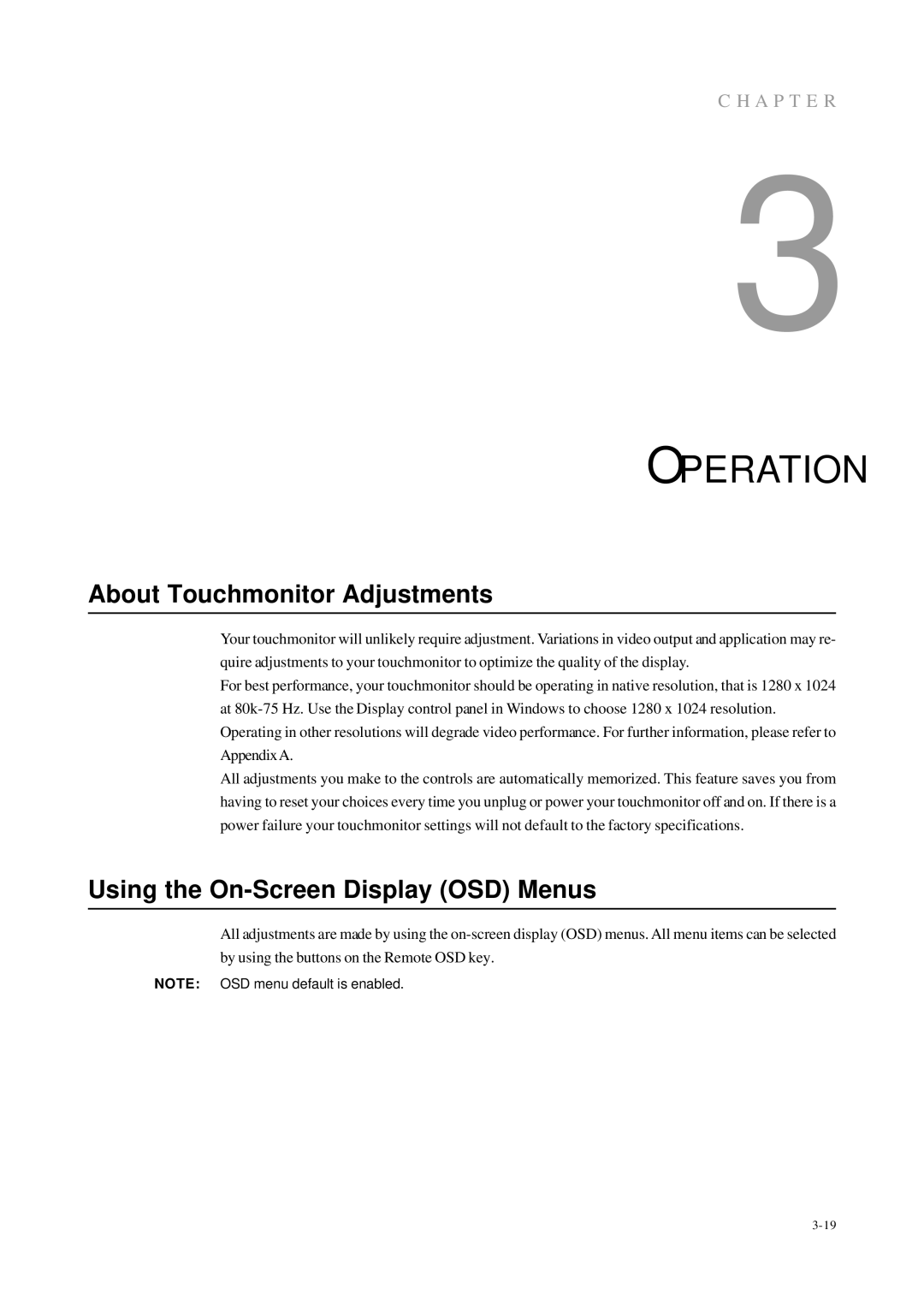 Elo TouchSystems 1725L, 1727L manual Operation, About Touchmonitor Adjustments, Using the On-Screen Display OSD Menus 