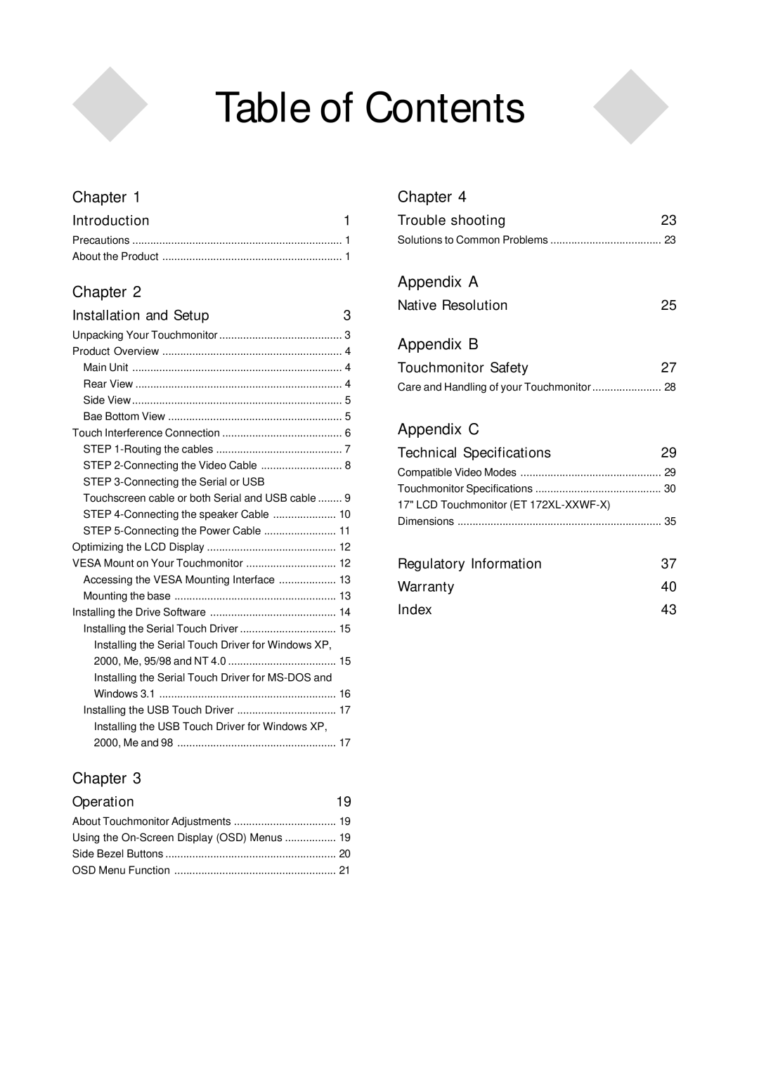 Elo TouchSystems 1727L, 1725L manual Table of Contents 