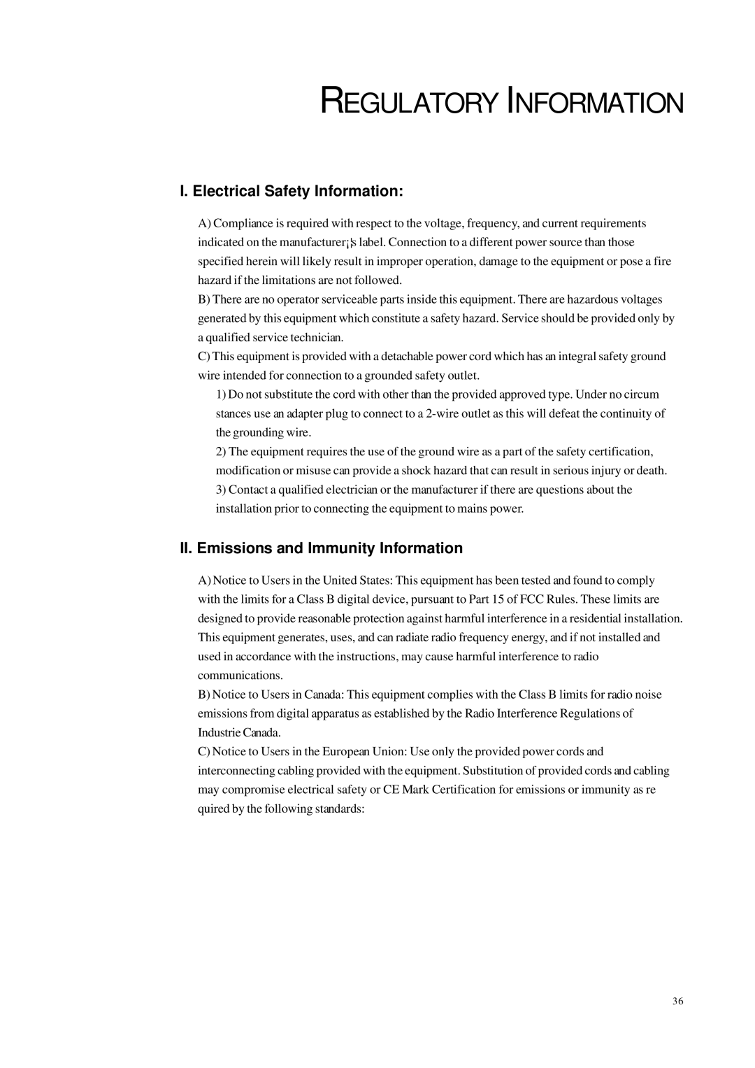 Elo TouchSystems 1727L manual Regulatory Information, Electrical Safety Information, II. Emissions and Immunity Information 