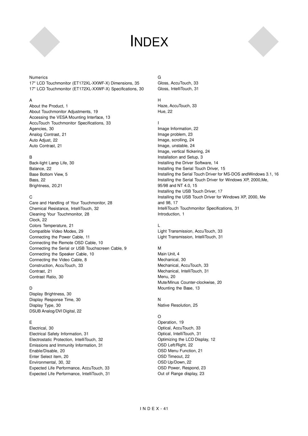 Elo TouchSystems 1725L, 1727L manual Index, Numerics 