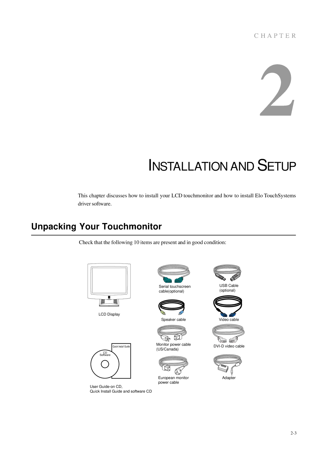 Elo TouchSystems 1725L, 1727L manual Installation and Setup, Unpacking Your Touchmonitor 