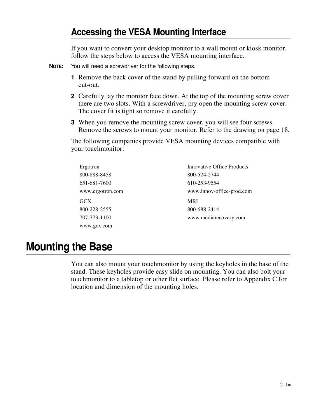 Elo TouchSystems 1727L Series manual Mounting the Base, Accessing the Vesa Mounting Interface 