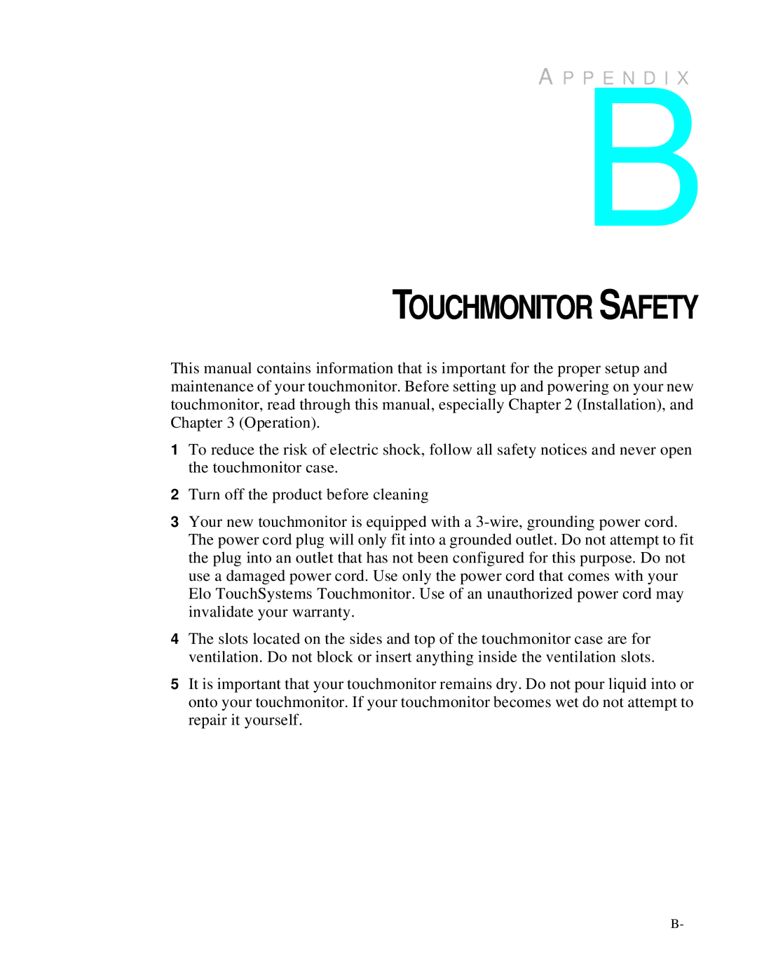 Elo TouchSystems 1727L Series manual Touchmonitor Safety 