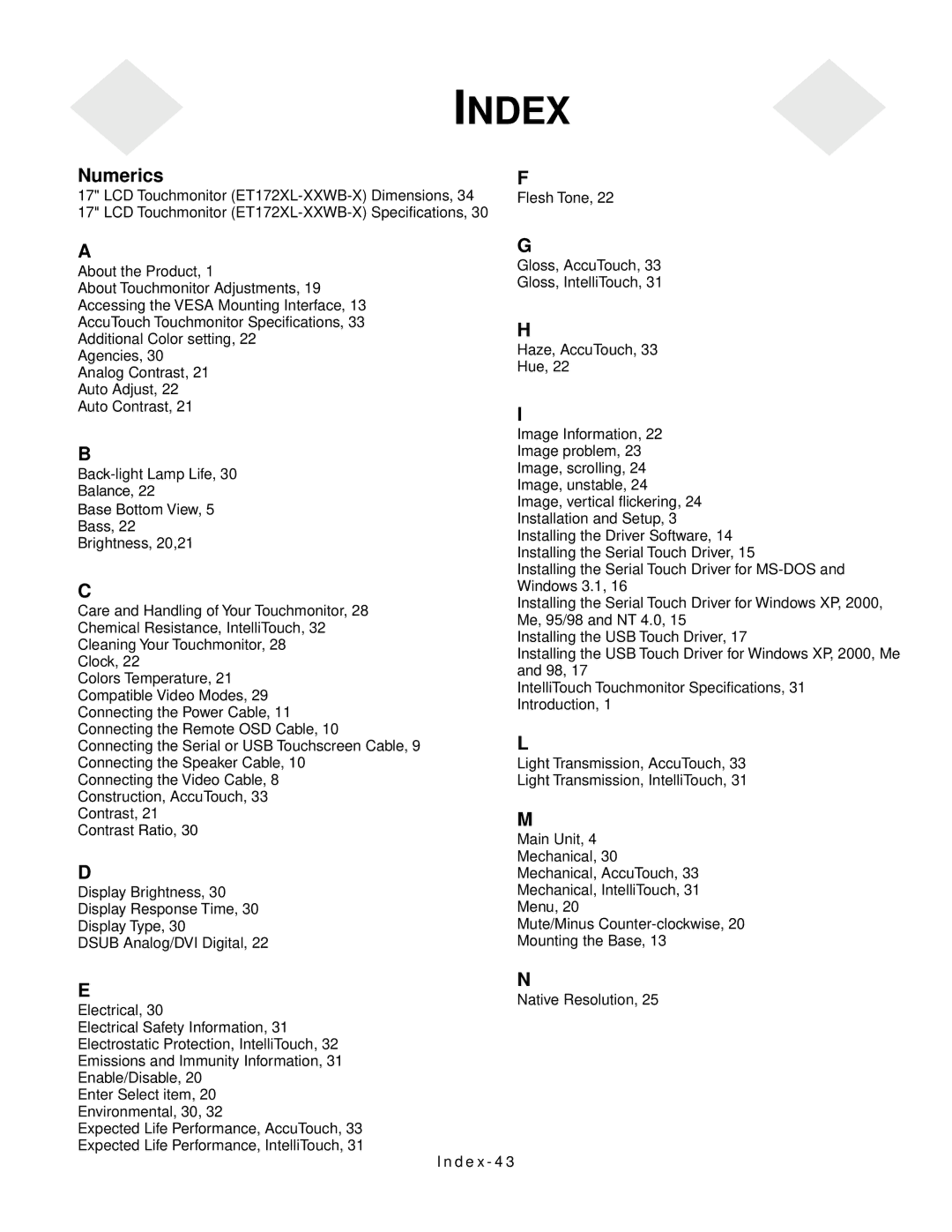 Elo TouchSystems 1727L Series manual Index 