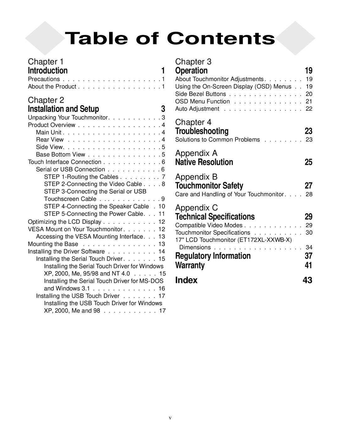 Elo TouchSystems 1727L Series manual Table of Contents 