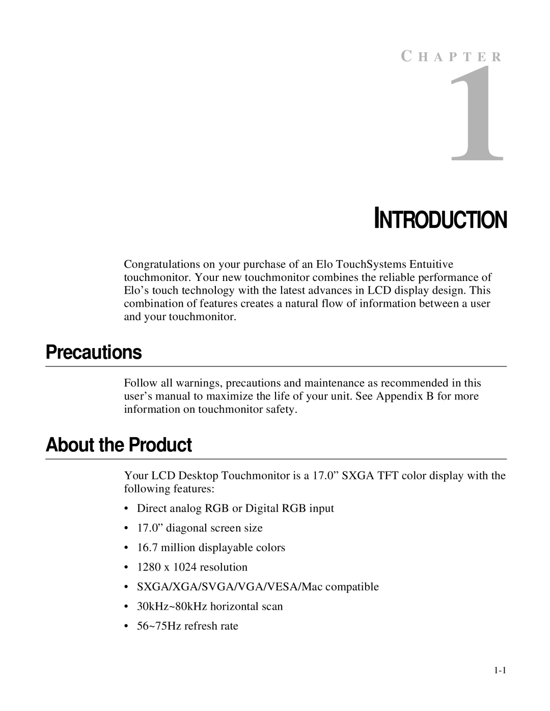 Elo TouchSystems 1727L Series manual Precautions, About the Product 