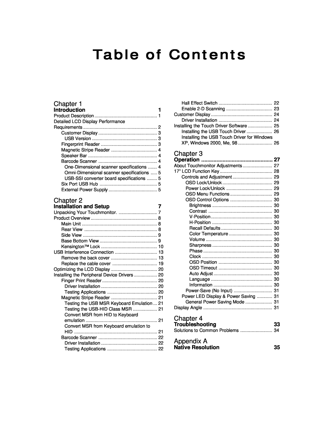 Elo TouchSystems 1729L manual Table of Contents, Chapter, Appendix A, Introduction, Installation and Setup, Troubleshooting 