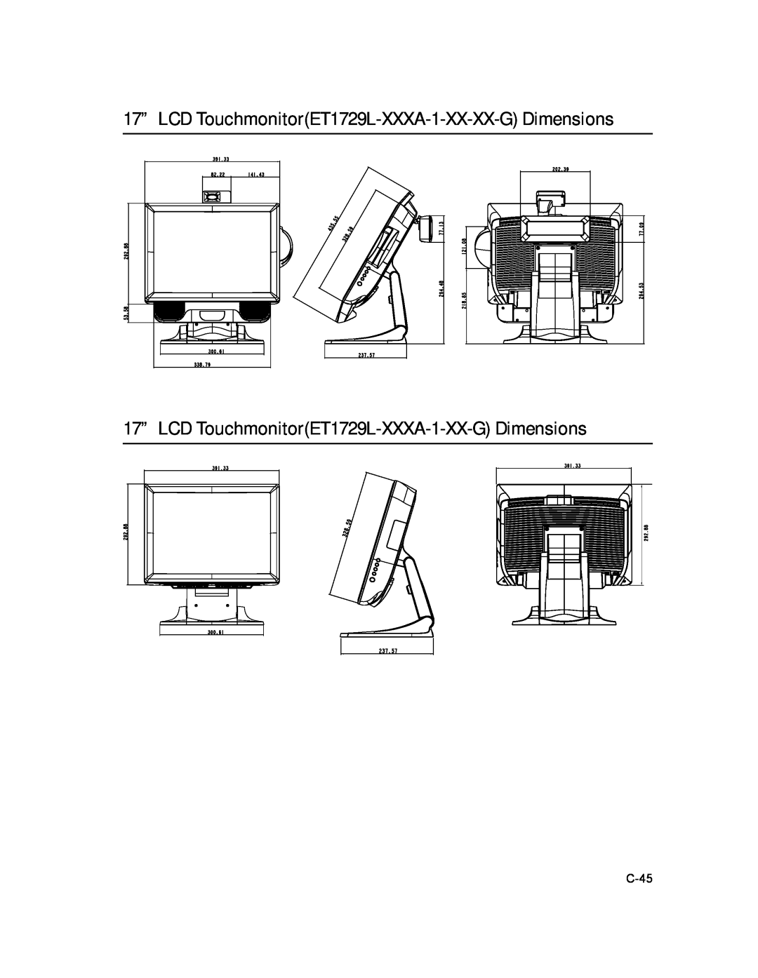 Elo TouchSystems manual 17” LCD TouchmonitorET1729L-XXXA-1-XX-XX-G Dimensions, C-45 