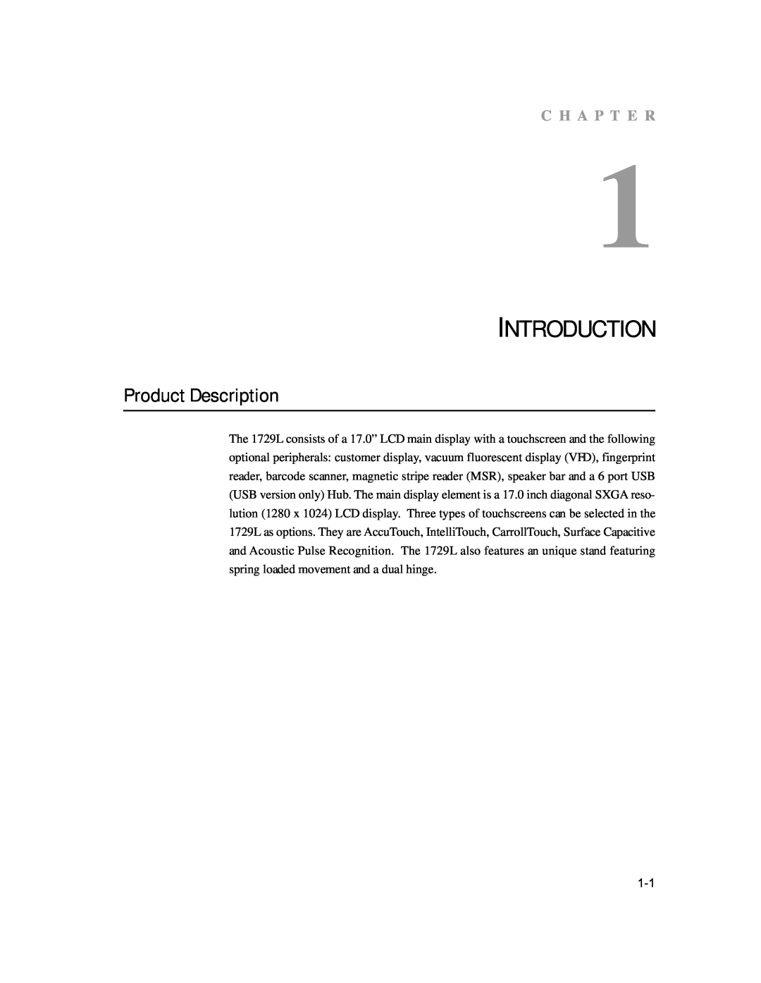 Elo TouchSystems 1729L manual Introduction, Product Description, C H A P T E R 