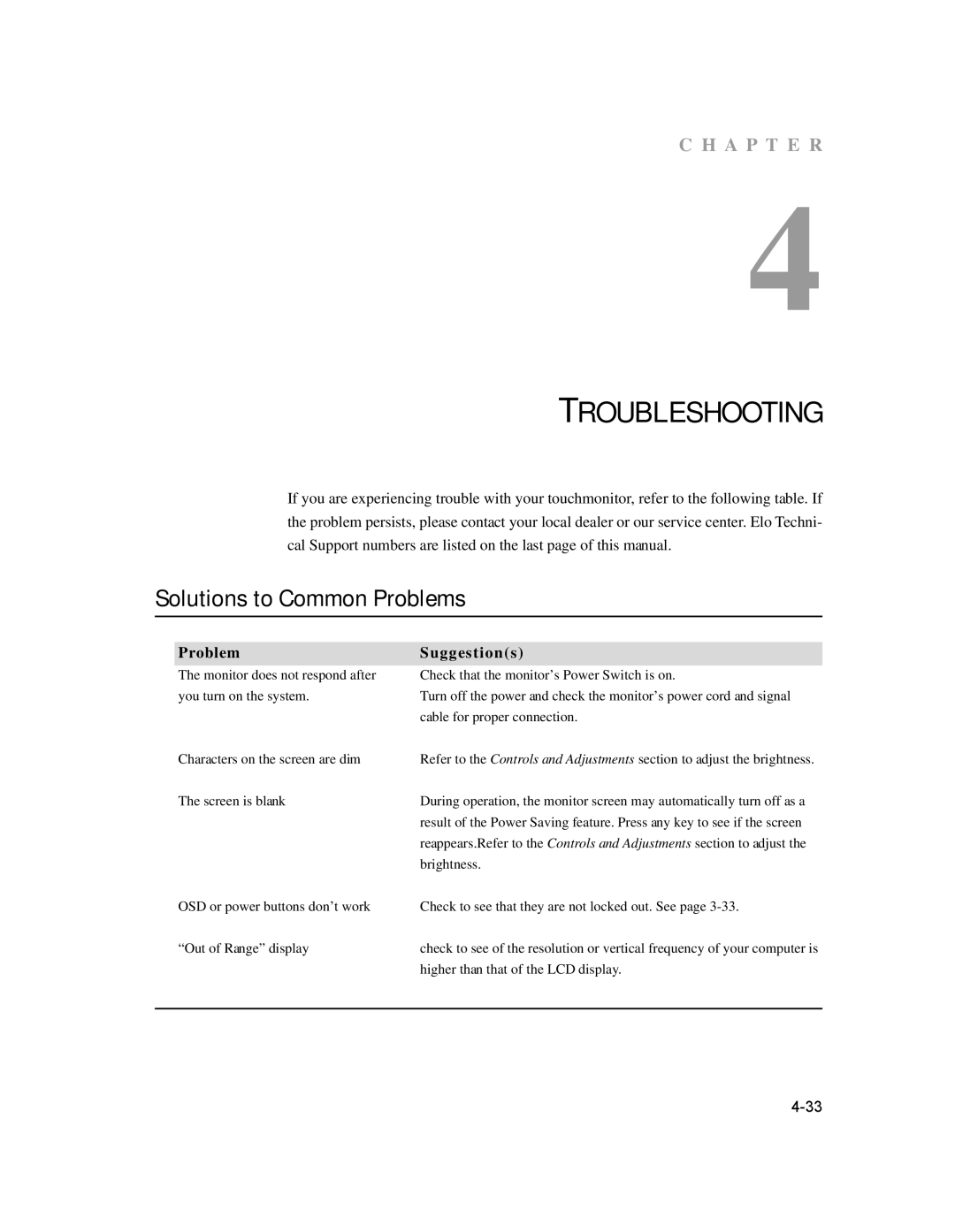 Elo TouchSystems 1729L manual Troubleshooting, Solutions to Common Problems, Problem Suggestions 