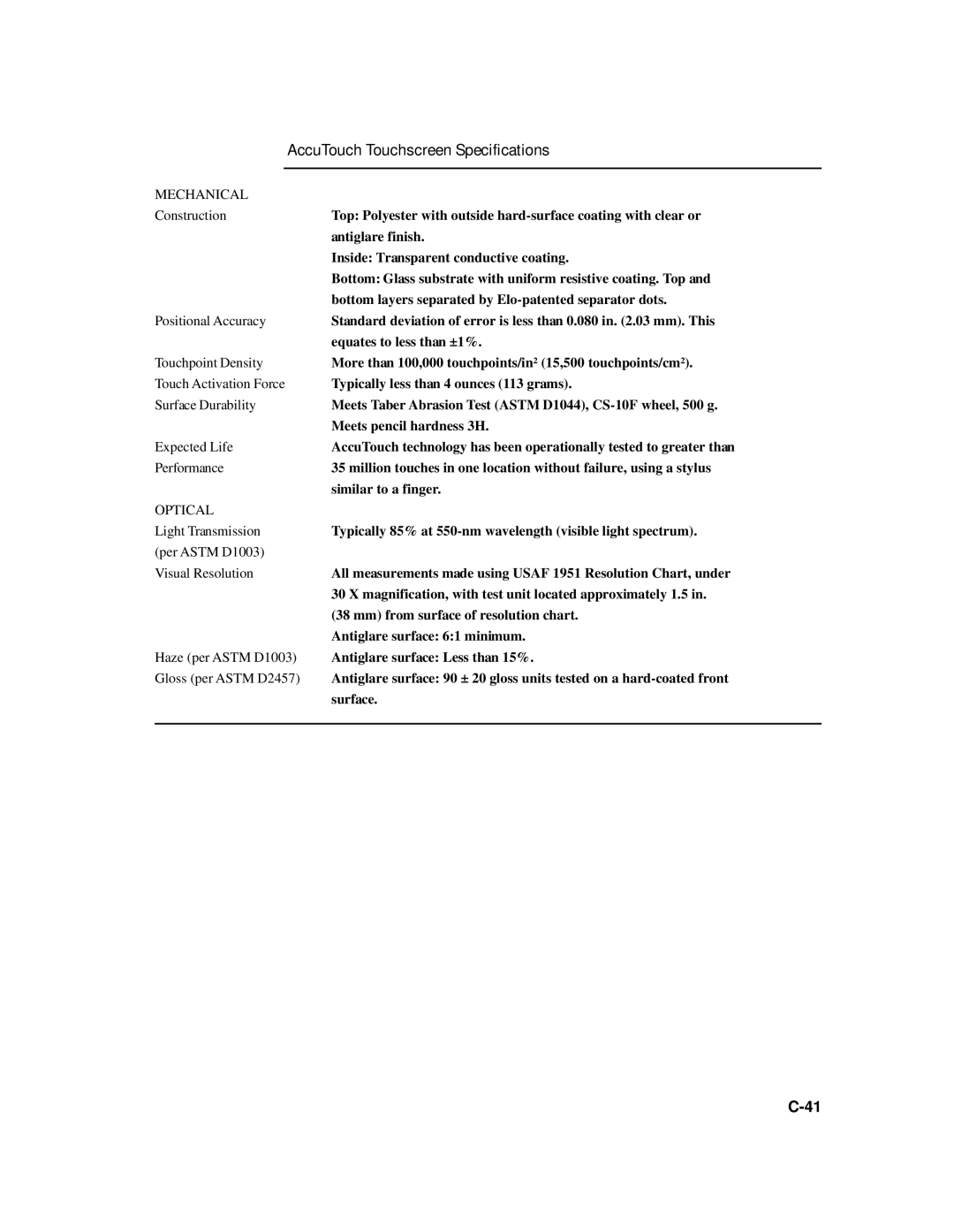 Elo TouchSystems 1729L manual AccuTouch Touchscreen Specifications, Mechanical 