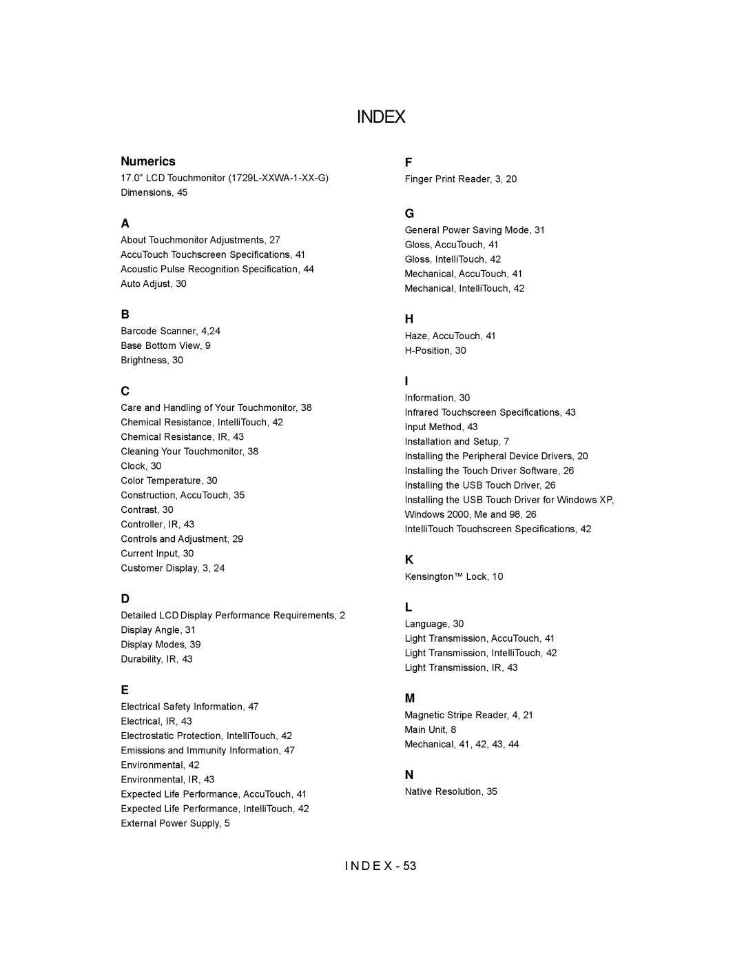 Elo TouchSystems 1729L manual Index 