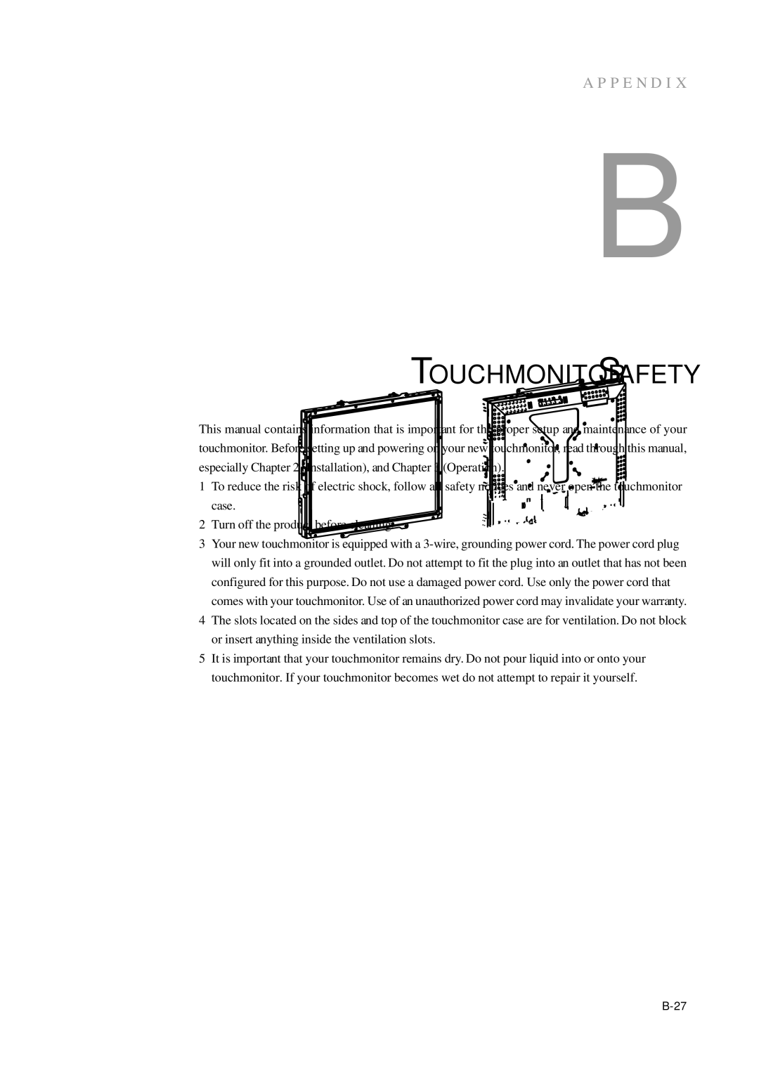 Elo TouchSystems 1739L manual Touchmonitor Safety 