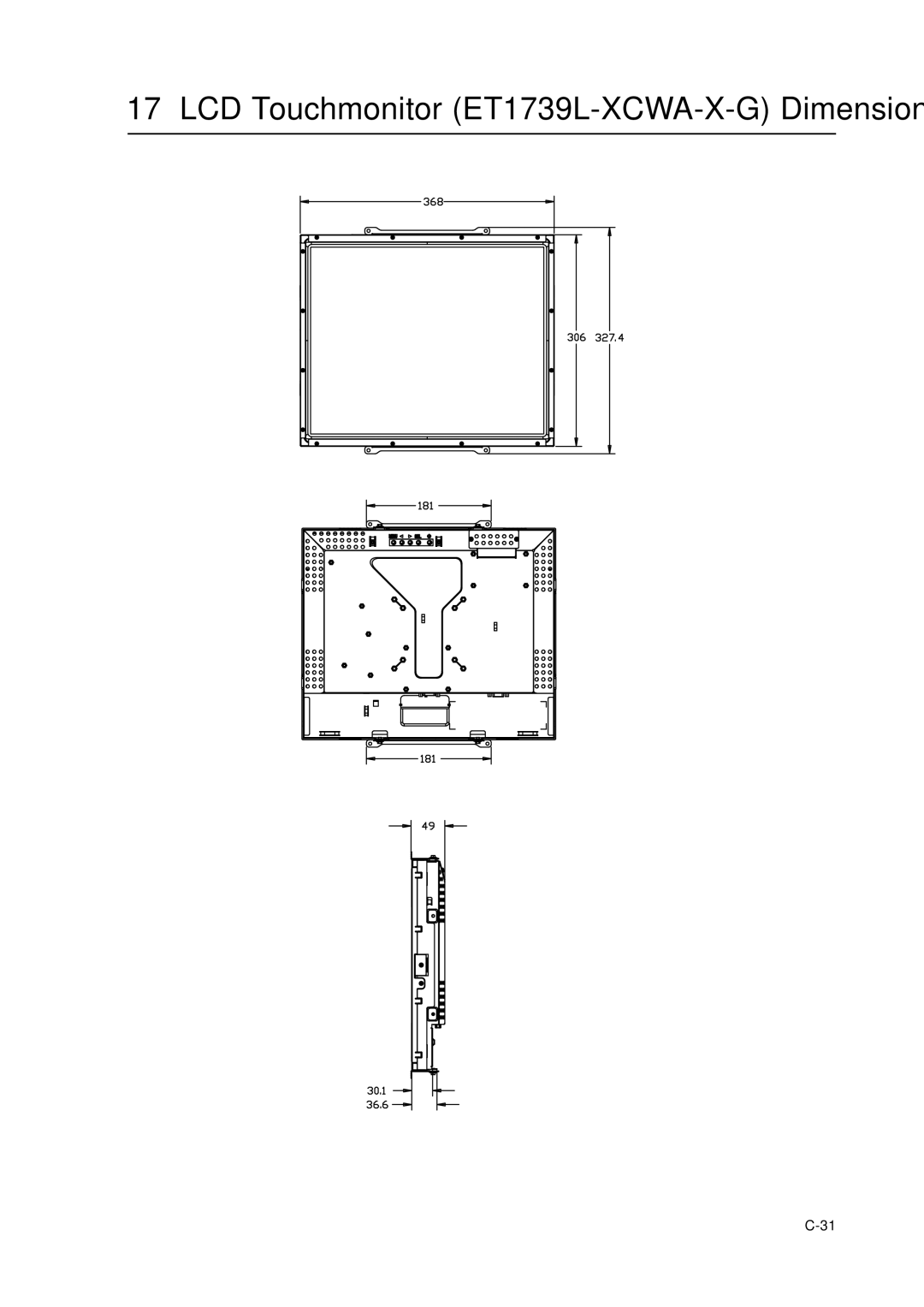 Elo TouchSystems manual LCD Touchmonitor ET1739L-XCWA-X-G Dimensions 